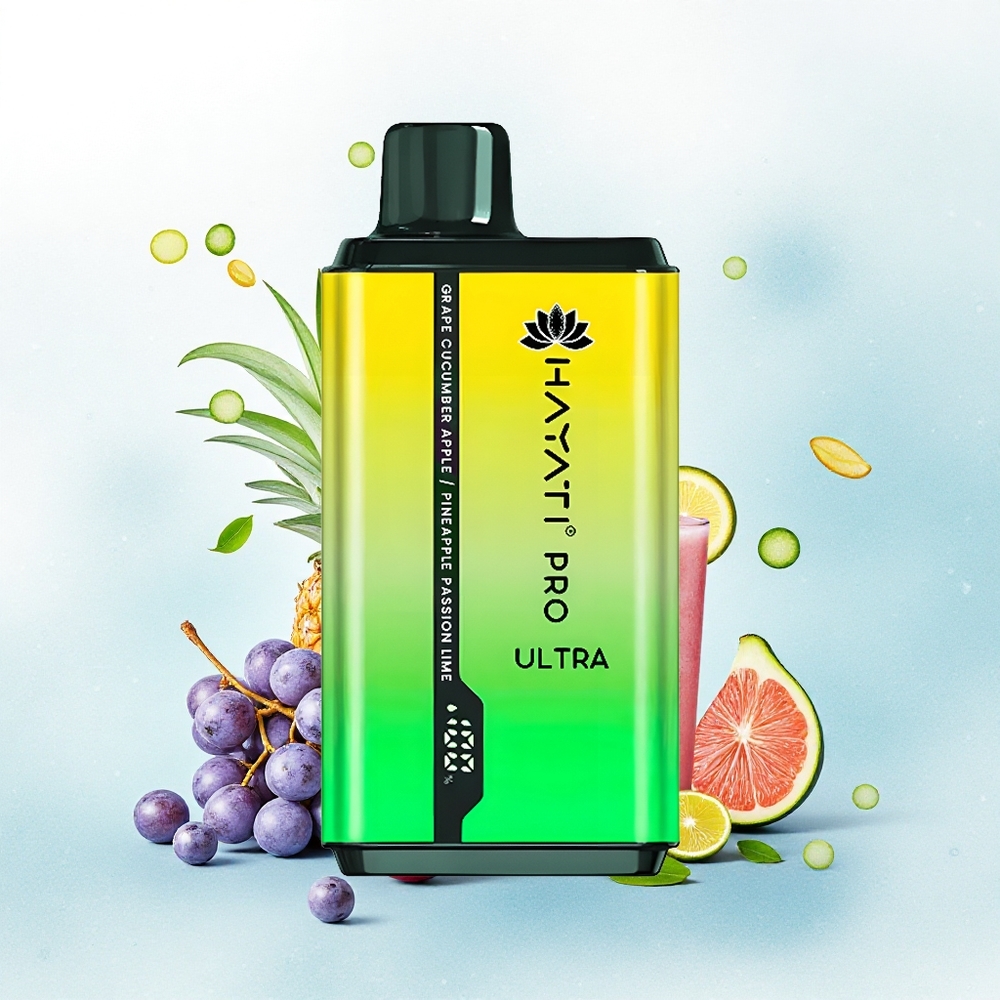 Hayati Pro Ultra 15000 Puffs Druif Komkommer Appel Ananas Passie Lim 2% Nicotine 850mAh