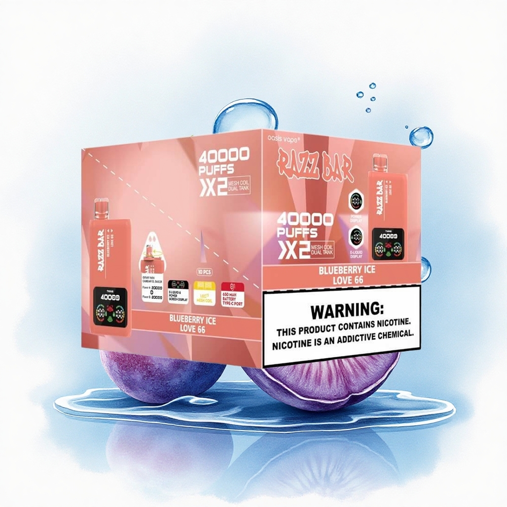 Razz Bar 40000 Puffs Blauwe Bes IJs - Liefde 66 met 2% nicotine en 650 mAh
