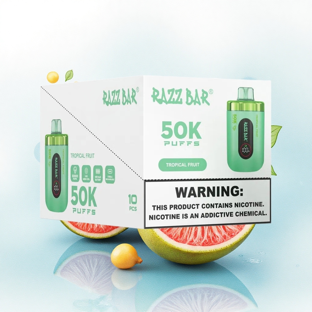 Razz Bar 50K Puffs Tropisch Fruit Mesh Coil Type-C Oplaadbaar 2% Nicotine